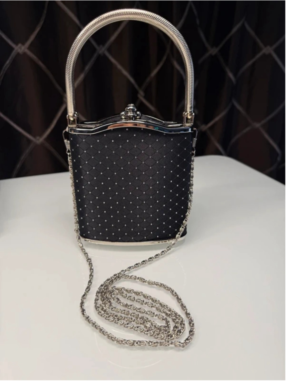 Vintage Black Satin Evening Purse With Chain Strap